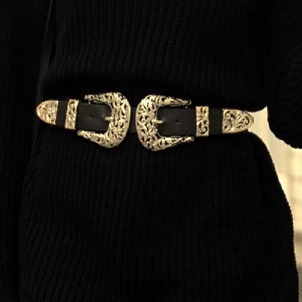 Western Double Gold Buckle Black Belt